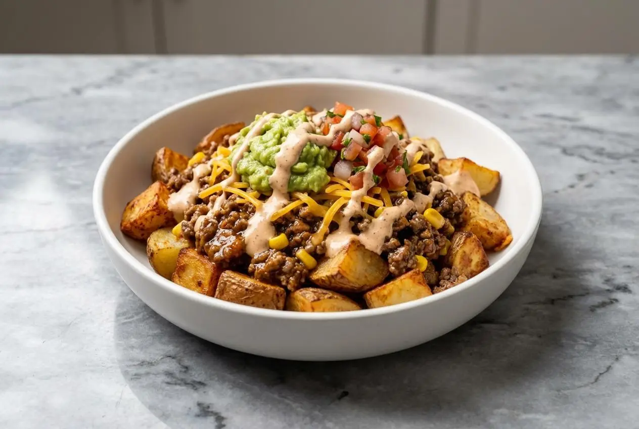 Crispy Loaded Potato Taco Bowls with Ground Beef