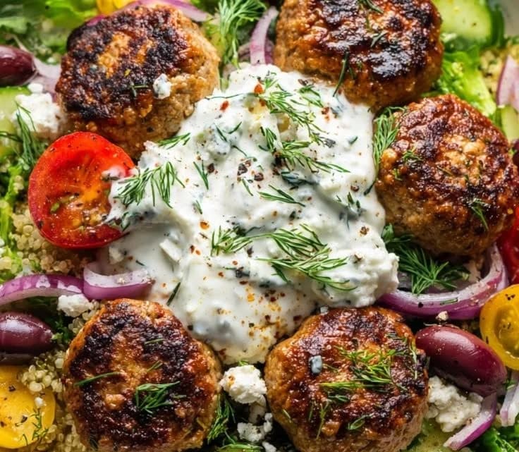 Greek Turkey Meatball Bowls with Fluffy Quinoa and Tzatziki